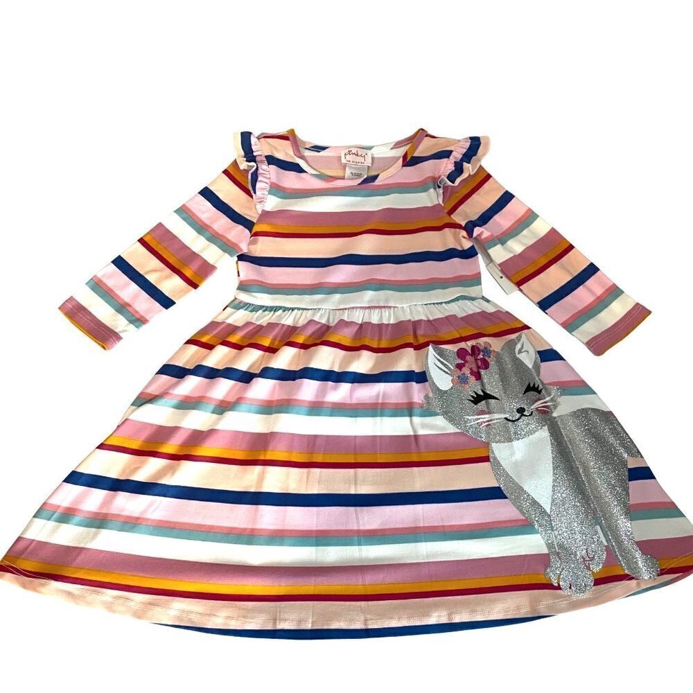 Pinky Los Angeles Berry Multi Striped Girls' Dress with Glitter Cat Size 4‎